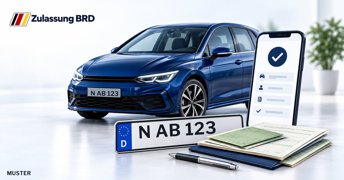 Online Fahrzeugzulassung in Altdorf b.Nürnberg: Musterkennzeichen N AB 123, Auto und Fahrzeugpapiere und Smartphone. Illustration mit Logo von Zulassung BRD.